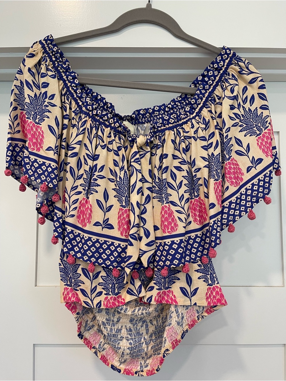 FARM Rio Off-Shoulder Crop Top with Pink & Blue Floral Print - NEW